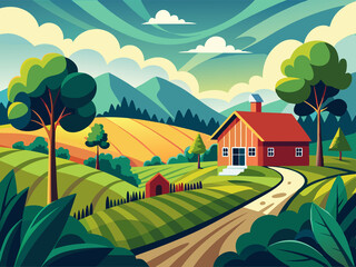 Obraz premium A peaceful countryside with rolling hills and a small farmhouse
