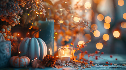 Candles, pumpkins, table, lights