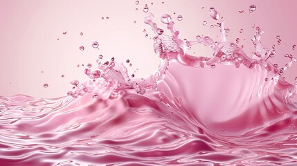 Vivid pink water explosion with swirling waves and circular motion, featuring a 3D array of fruit juice, berry drink, wine, and syrup splashes with droplets