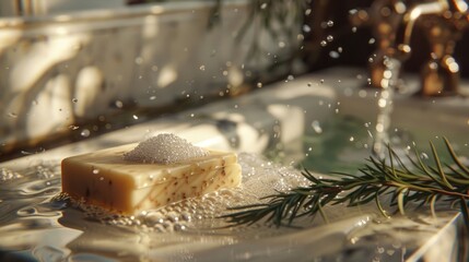 A single piece of soap sits on top of a table, ready for use