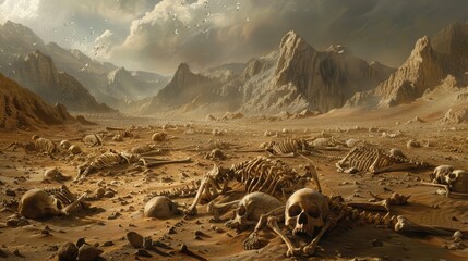 A dry desert valley with piles of the bones of an ancient army in the foreground 