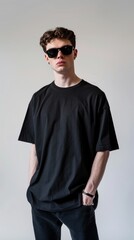 Obraz premium A man in a black shirt and sunglasses poses for a photo