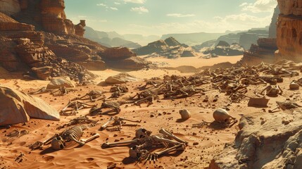A dry desert valley with piles of the bones of an ancient army in the foreground 
