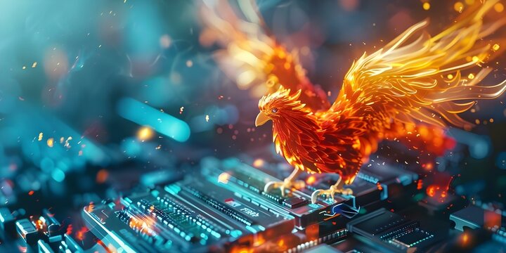 Data recovery after a digital disaster rising like a phoenix from server ashes. Concept Data Recovery, Digital Disaster, Rising from the Ashes, Server Recovery, Phoenix Symbolism