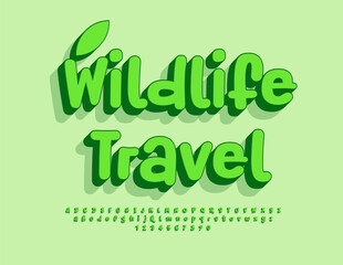 Naklejka premium Vector funny flyer Wildlife Travel. Playful Green Font. Unique 3D Alphabet Letters and Numbers set.