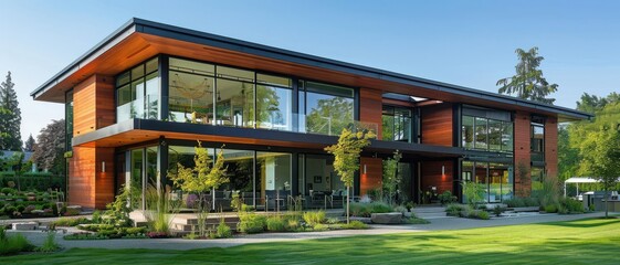 A contemporary building utilizing passive heating techniques, large south facing windows