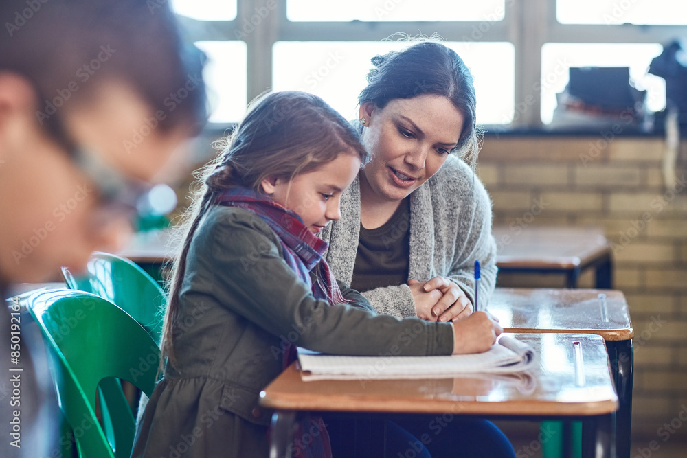 Poster teacher, woman and help child writing in notebook for education, study or knowledge in class. kid, e