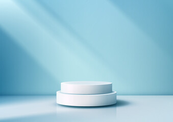 Modern 3D White Podium on White Table with Blue Wall Background for Product Display Mockup