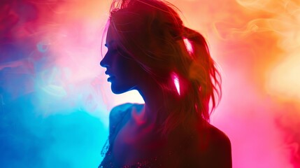 A woman's silhouette is shown against a colorful background, with smoke