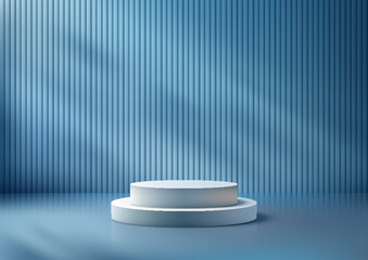 3D White Podium Against Blue Striped Wall Background, Modern Product Display and Mockup for Showroom Showcase