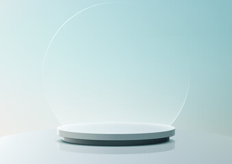 3D blue podium stand with circle glass backdrop is perfect for modern interior concept product display mockups