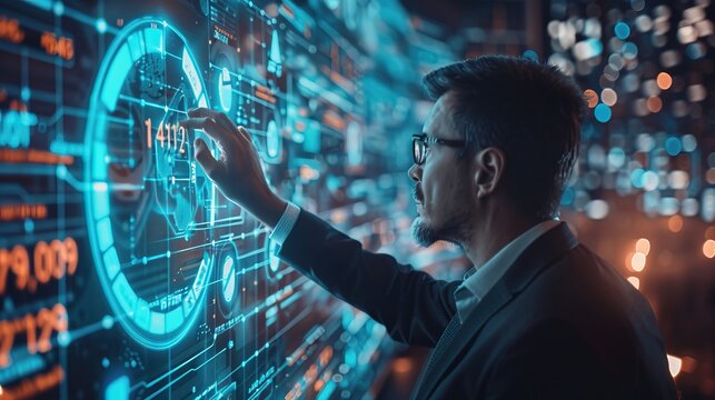 Businessman manages time for effective work. Calendar on the virtual screen interface. Highlight appointment reminders and meeting agenda on the calendar. Time management concept 