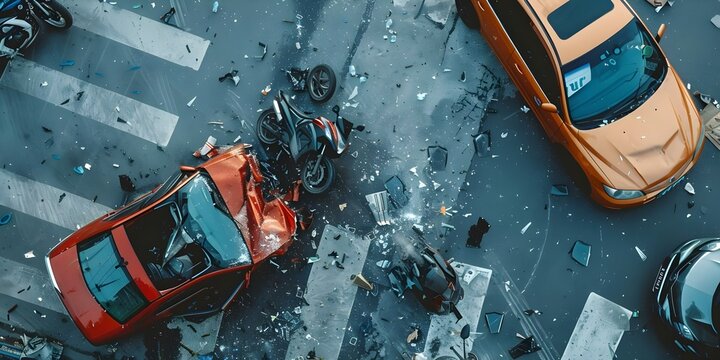 Aerial shot of carmotorcycle accident at intersection debris dramatic reckless traffic rules. Concept Accidents, Intersection, Aerial Shots, Reckless Driving, Traffic Rules