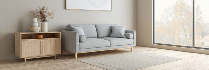 Modern cupboard next to a window. Interior design composition with minimal furniture and copy space.