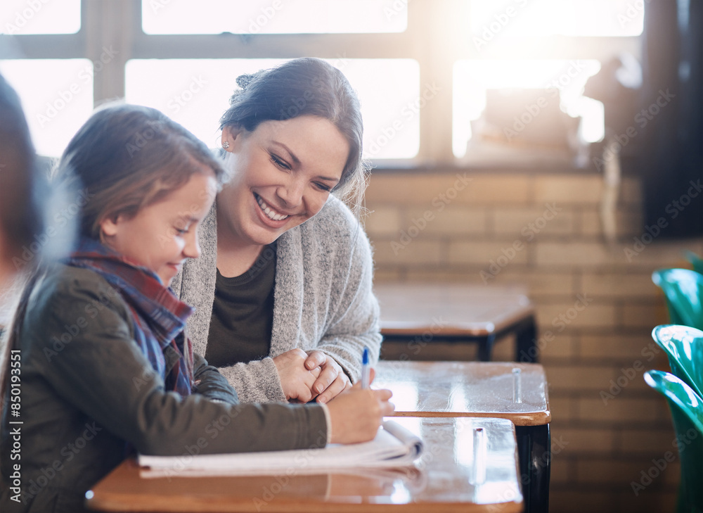 Poster happy teacher, learning and help kid writing in notebook for education, studying and knowledge in cl