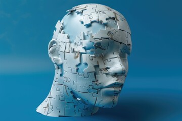 A creative illustration of a head formed from puzzle pieces on a blue background, great for abstract or artistic concepts
