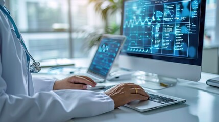 Banner of clinic hospital record or digital file of information and test exam results logged in database or booking appointment doctor medical health care display on computer screen