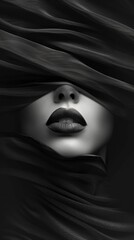 A woman's face is obscured by a black cloth