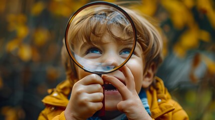 A young boy is holding a magnifying glass and smiling