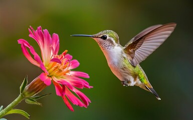 Fototapeta premium A delicate hummingbird mid-flight, hovering near a brilliantly colored flower