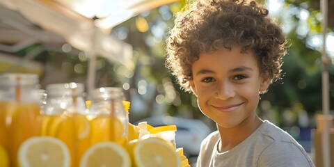 A young boy sells lemonade on a sunny day. Concept Outdoor Activities, Entrepreneurship, Financial Literacy, Childhood Memories
