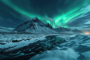 Naklejka premium Snowy Mountains and Aurora