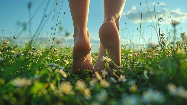 The image depicts a pair of bare feet treading gently among a field full of tiny white flowers, conveying a sense of freedom