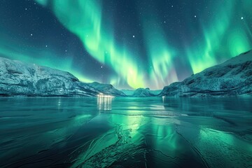 Naklejka premium Snowy Mountains and Aurora