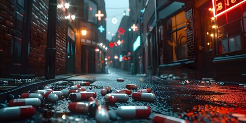 Symbolizing the struggles of addiction A dark alley filled with drug paraphernalia. Concept Addiction struggles, Dark alley, Drug paraphernalia