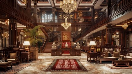 Fototapeta premium A large hotel lobby with Chinese style decoration,