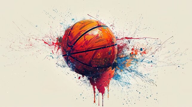 Basketball ball with colorful splashes, minimalist fun basketball poster, school friendly match, street basketball event invitation - Powered by Adobe