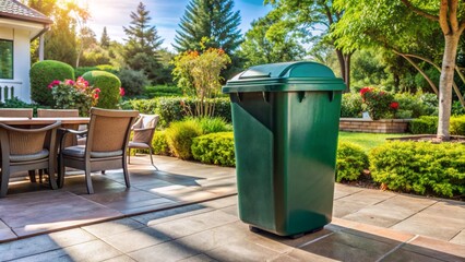 A large plastic green trash receptacle stands alone on a sunny day near a residential outdoor patio area surrounded by lush greenery.