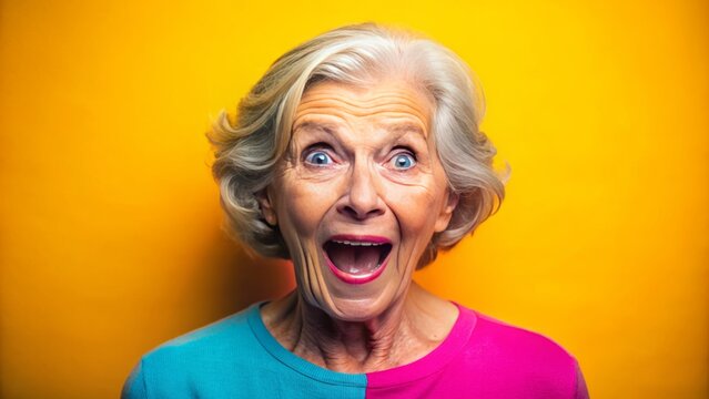 Vibrant studio portrait background with ample copy space above, awaiting placement of humorous senior woman's astonished face, bursting with surprise and whimsy.