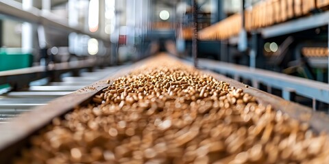 Precision Movement of Pellets Wooden Conveyor System. Concept Wooden Conveyor Belt, Precision Movement, Pellets Transportation, Industrial Automation