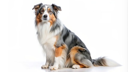 Lovely and adorable pedigree dog, believed to be an old english shepherd, sits in profile on a pure white background, showcasing its majestic beauty.