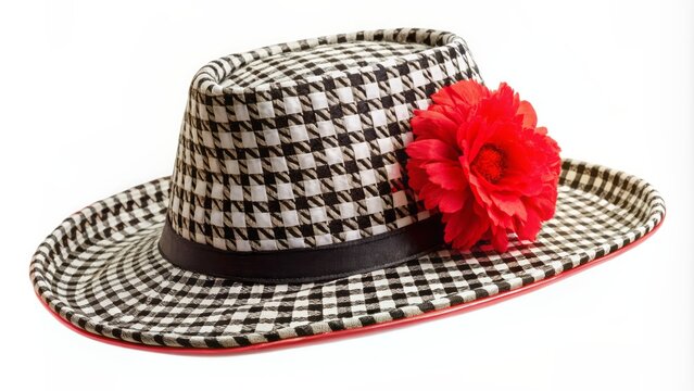 Traditional madrid-style chulapo hat with black and white checks, adorned with a red carnation, isolated on a transparent white background, evoking san isidro festivities.