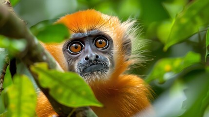 Naklejka premium Cute and wild. The monkey is looking at you with curious eyes. It is sitting on a tree branch in the middle of the jungle.