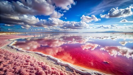 Vibrant pink salt lake landscape featuring rare natural phenomenon of pink algae, creating a breathtakingly unique and surreal beauty in an otherworldly setting.