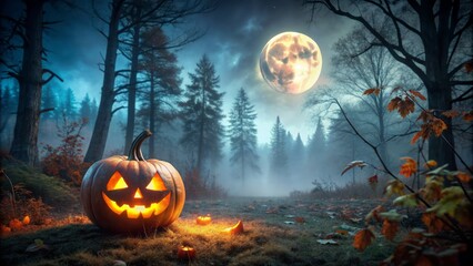 Fototapeta premium Ominous autumnal landscape featuring a glowing jack-o-lantern situated amidst a dark mystical forest under the watchful gaze of a full moon with ample copyspace.