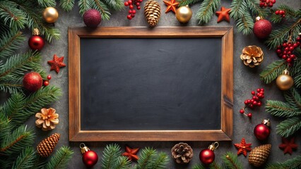 Elegant dark background with rustic wooden framed blackboard adorned with festive season decorations, awaiting your message, from a bird's eye view perspective.