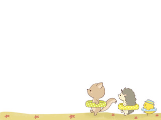 浮き輪を持って歩く動物たちのフレーム