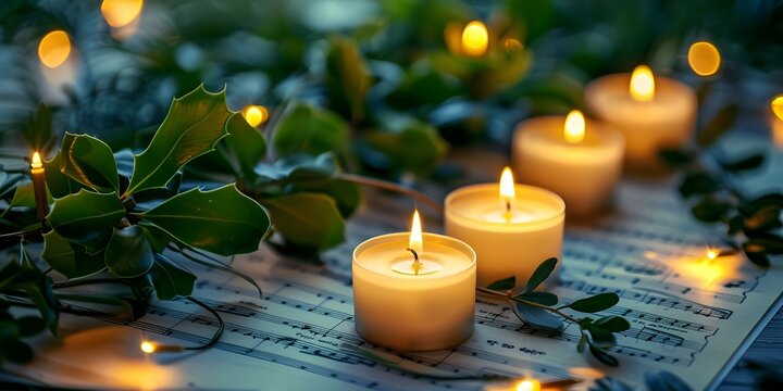 Mistletoe candles on music sheet create festive atmosphere for carol service. Concept Christmas Decor, Festive Atmosphere, Mistletoe Candles, Music Sheets, Carol Service