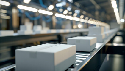 Obraz premium A modern conveyor belt with packages showcases industrial efficiency and automation, creating a dynamic visual representation of technology and logistics