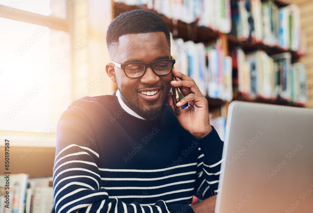 Poster black man, smile and laptop with phone call in library for university website, communication and pla