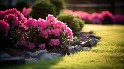 Fototapeta premium Sunlit residential backyard with meticulously manicured lawn, vibrant flowerbed, and lush shrubs