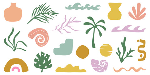 Retro Groovy Surf Club in trendy Boho style. Naive Geometric Summer Palm Tree. Simple background of sun sea. Retro Summer Beach Hand Drawn isolated illustration. Vintage Surf Club. Vector illustration