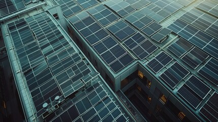 Rooftop Solar Panels in Sunlight: Showcasing Green Energy Infrastructure, Wallpaper, banner design, brochure, web, background template, concept of sustainability, counter urbanization, de-urbanization