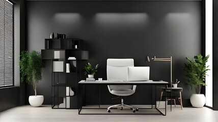 3D Black open space office corner with mock up wall