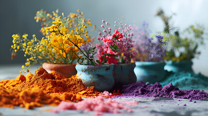 Bright Flowers in Pots with Colorful Powder for a Festive Display