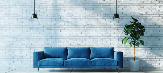 Modern living room with a blue sofa and a white brick wall